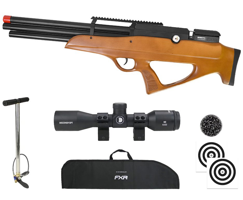 Carabina PCP Behemoth PS-R3-SF Bullpup 6,35mm Wood - Nova Vista + Bomba + Capa + Chumbo + Alvos + Luneta 4x32