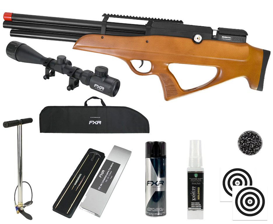 Carabina PCP Behemoth PS-R3-SF Bullpup 6,35mm Wood - Nova Vista + Bomba + Capa + Chumbo + Alvos + Luneta 4-16x50 + Kamuff + Kit de Limpeza + Desengripante / Anticorrosivo