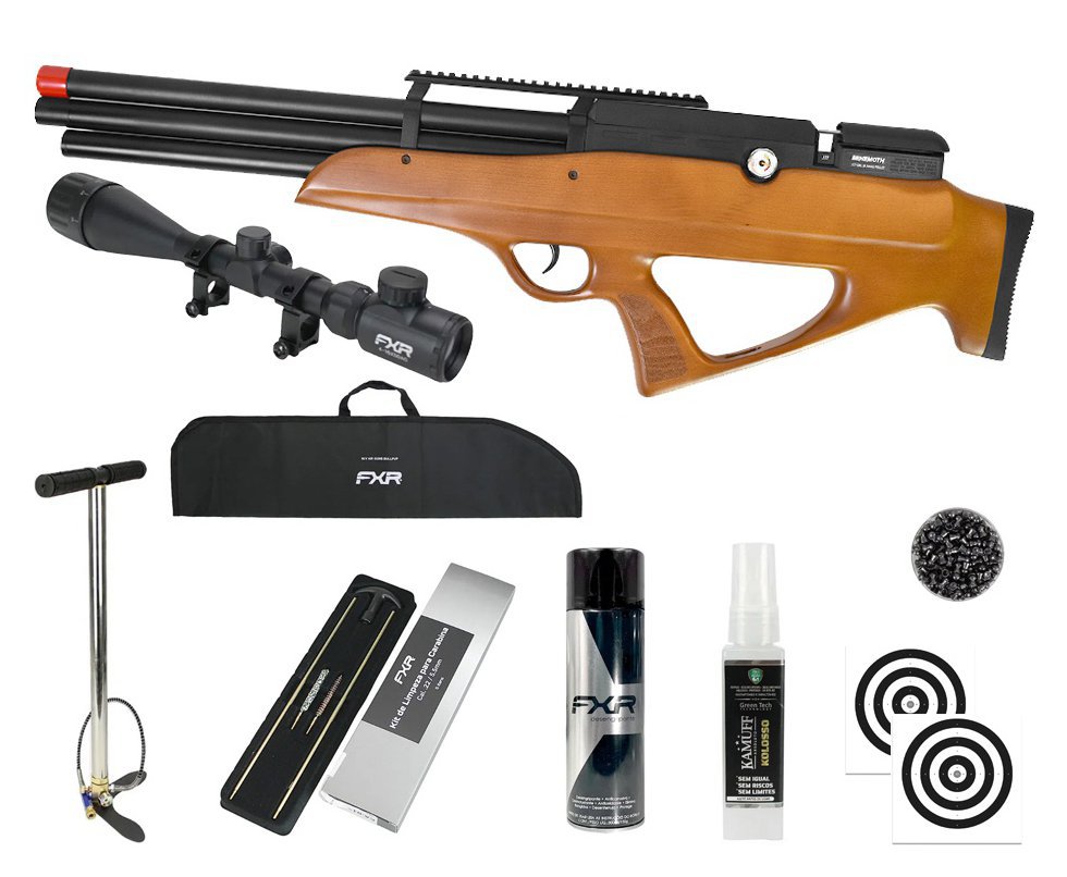 Carabina PCP Behemoth PS-R3-SF Bullpup 6,35mm Wood - Nova Vista + Bomba + Capa + Chumbo + Alvos + Luneta 4-16x50 + Kamuff + Kit de Limpeza + Desengripante / Anticorrosivo