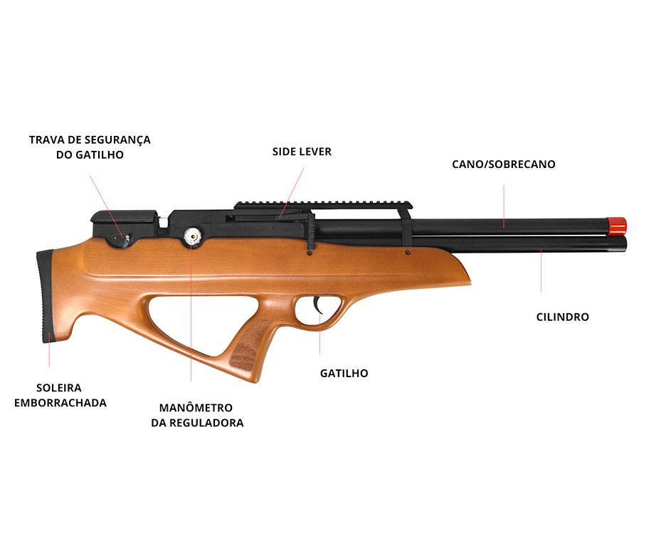 Carabina PCP Behemoth PS-R3-SF Bullpup 6,35mm Wood - Nova Vista + Bomba + Capa + Chumbo + Alvos + Luneta 4-16x50