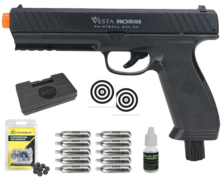 Pistola CO2 Rossi Vesta .50 Home Defense PDW50 RAM LTL 16 Joules + Esferas de Polímero  + Co2 + Alvos + Case + Óleo