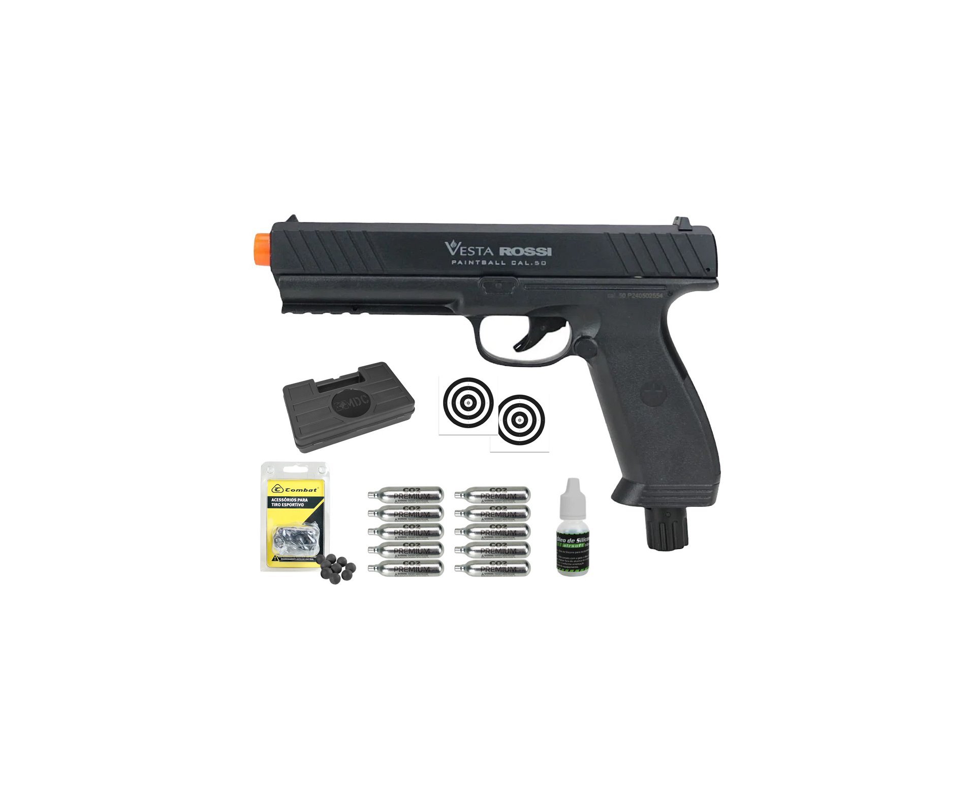 Pistola CO2 Rossi Vesta .50 Home Defense PDW50 RAM LTL 16 Joules + Esferas de Polímero + Co2 + Alvos + Case + Óleo