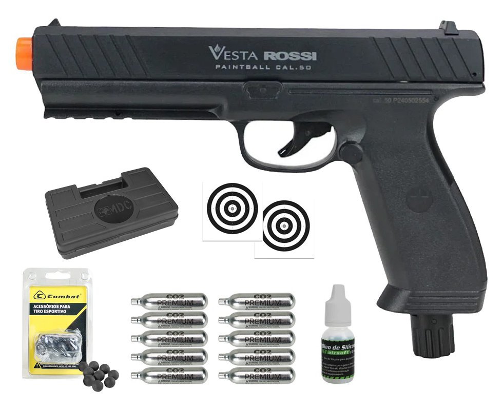 Pistola CO2 Rossi Vesta .50 Home Defense PDW50 RAM LTL 16 Joules + Esferas de Polímero + Co2 + Alvos + Case + Óleo