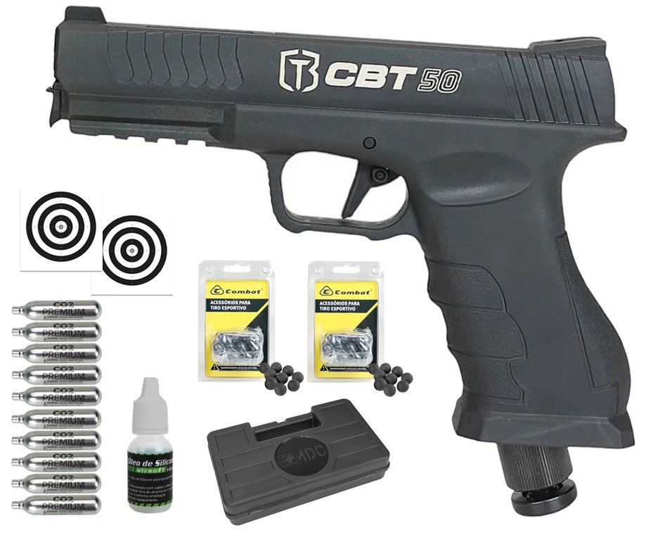 Pistola Home Defense CO2 CBT-50 Cal .50 HDP LDL - Combat + Esferas de Polímero  + Co2 + Alvos + Case + Óleo