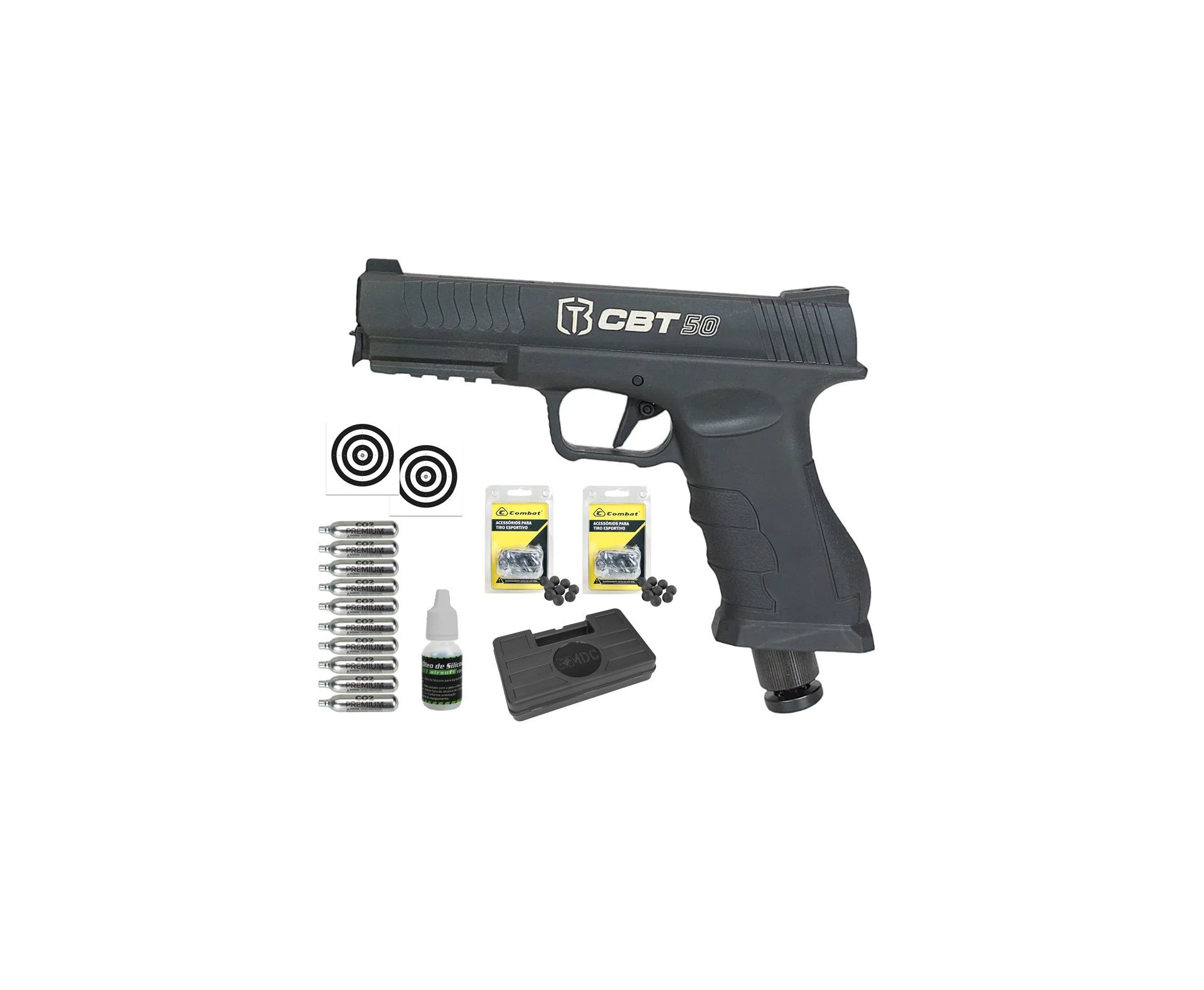 Pistola Home Defense CO2 CBT-50 Cal .50 HDP LDL - Combat + Esferas de Polímero + Co2 + Alvos + Case + Óleo