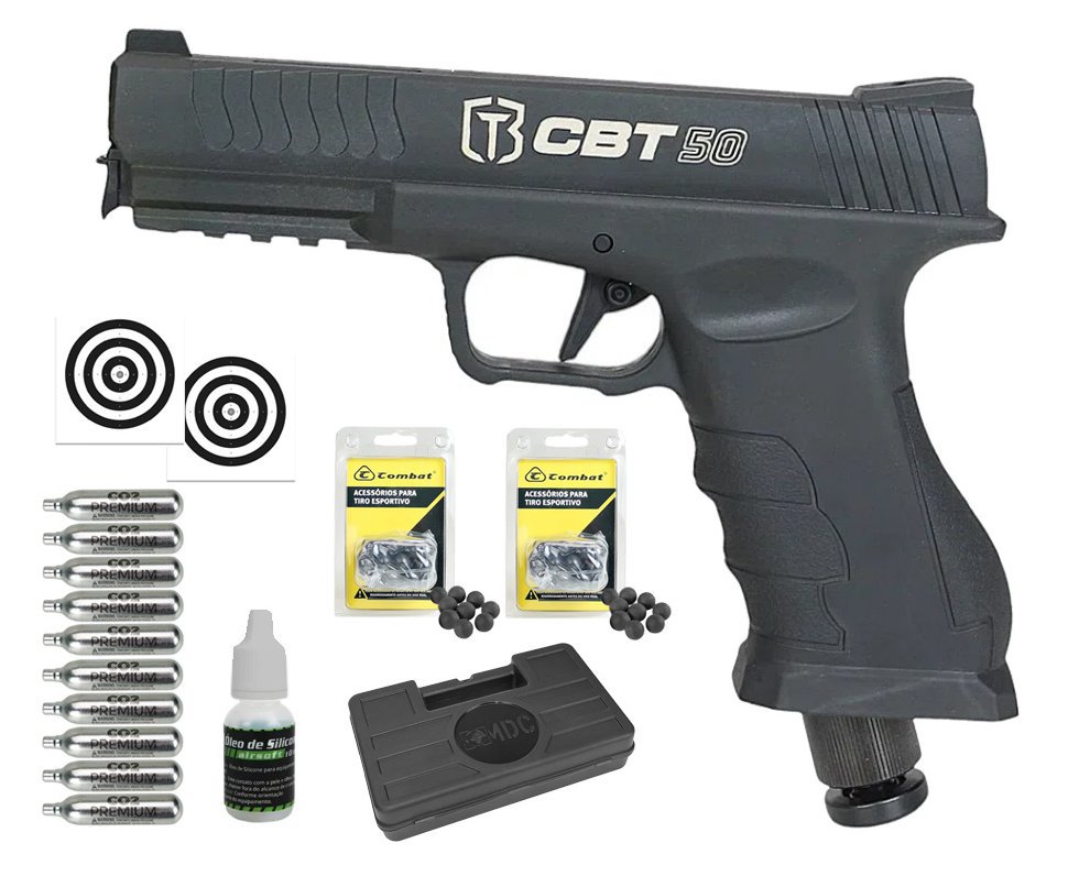 Pistola Home Defense CO2 CBT-50 Cal .50 HDP LDL - Combat + Esferas de Polímero + Co2 + Alvos + Case + Óleo