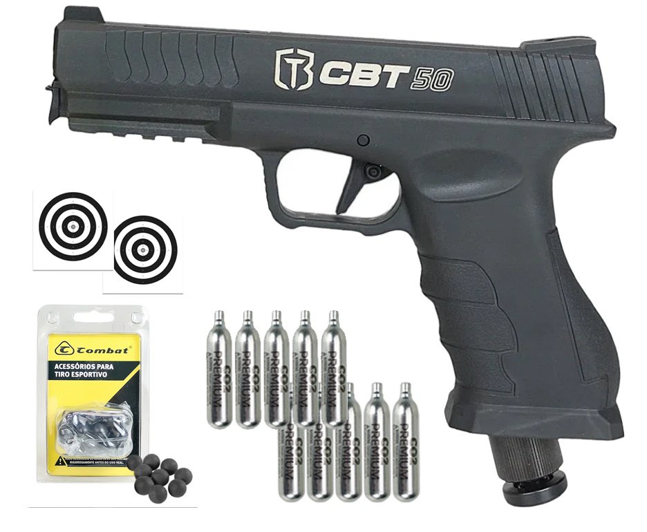 Pistola Home Defense CO2 CBT-50 Cal .50 HDP LDL - Combat + Esferas de Polímero + Co2 + Alvos