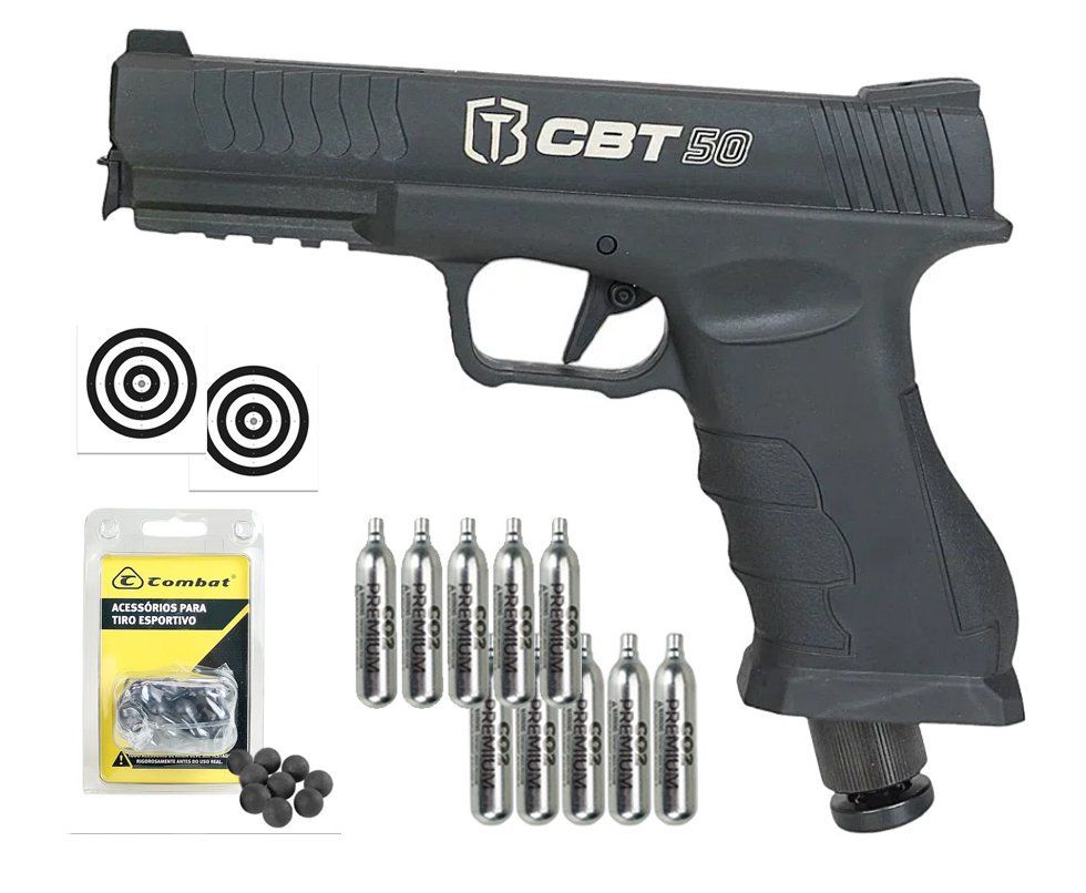 Pistola Home Defense CO2 CBT-50 Cal .50 HDP LDL - Combat + Esferas de Polímero + Co2 + Alvos