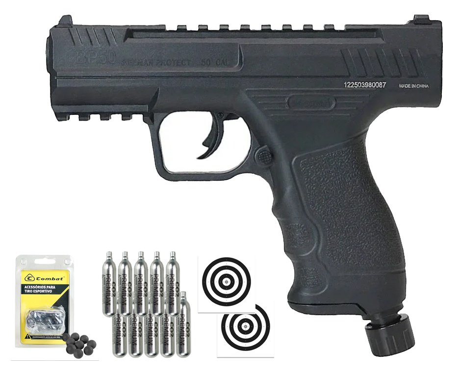 Pistola de Pressão CO2 Beeman BP50 .50 HDP LTL- Rossi + Esferas de Polímero + Co2 + Alvos