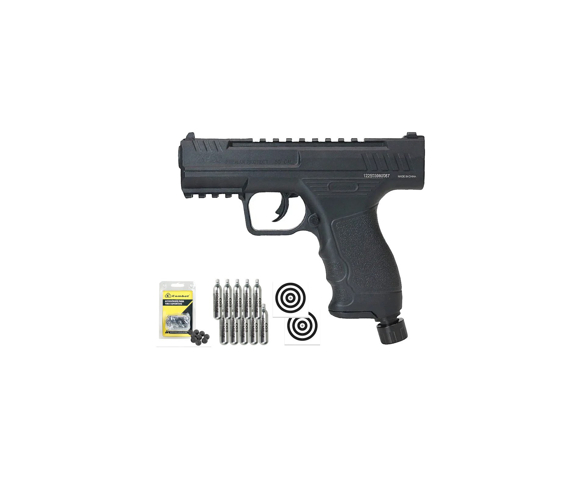 Pistola de Pressão CO2 Beeman BP50 .50 HDP LTL- Rossi + Esferas de Polímero + Co2 + Alvos