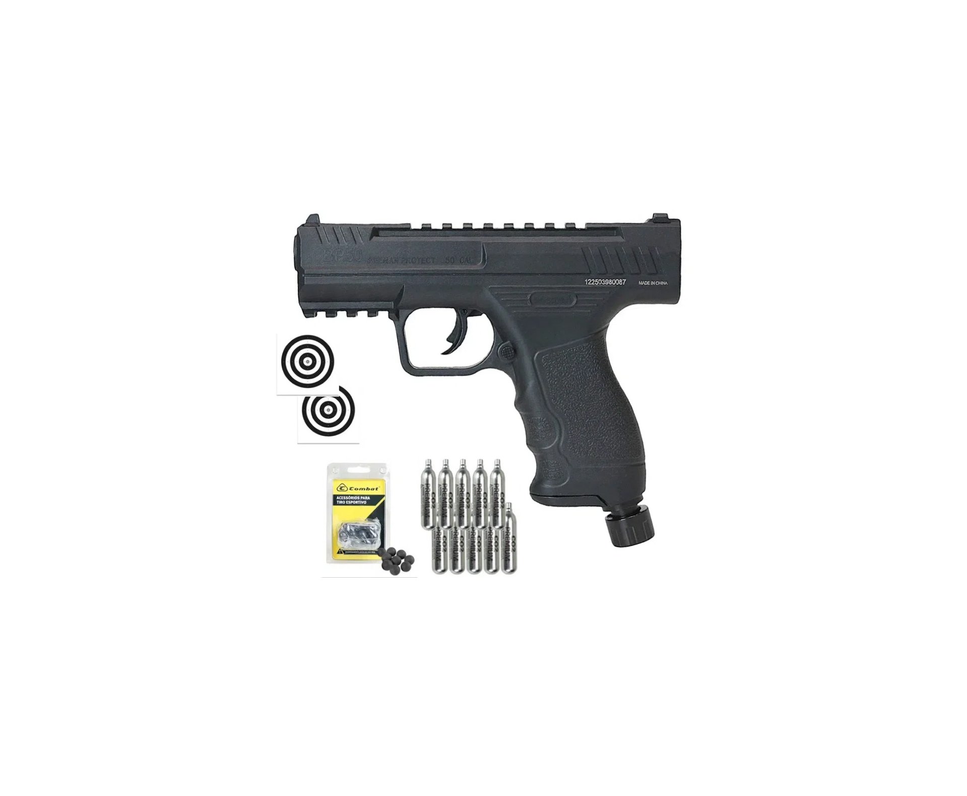 Pistola de Pressão CO2 Beeman BP50 .50 HDP LTL- Rossi + Esferas de Polímero + Co2 + Alvos