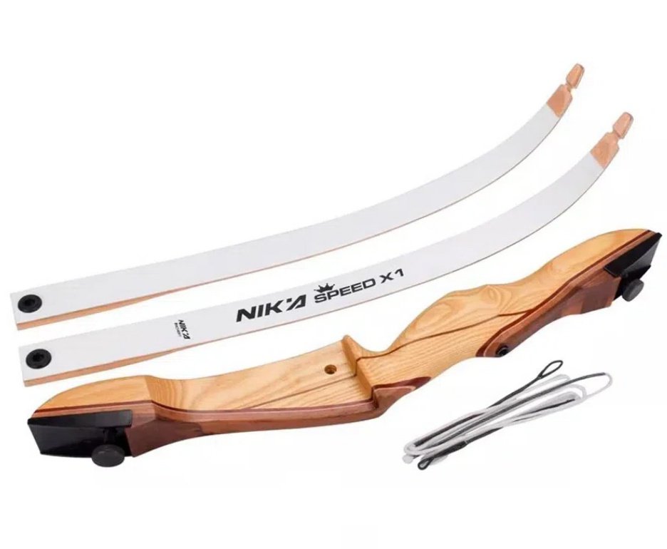 Arco Recurvo de Madeira 70'' / 30LBS Destro - Nika Archery + 3 Flechas De Fibra Vidro 30" + Cera Lubrificante