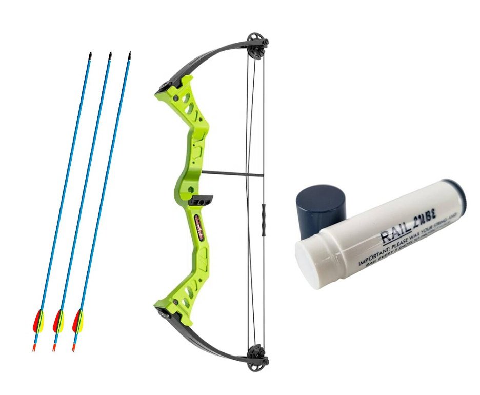 Arco Composto Man Kung 19-25 Libras Mk-cbk1 Verde + 3 Flechas de Alumínio 30" + Cera Lubrificante