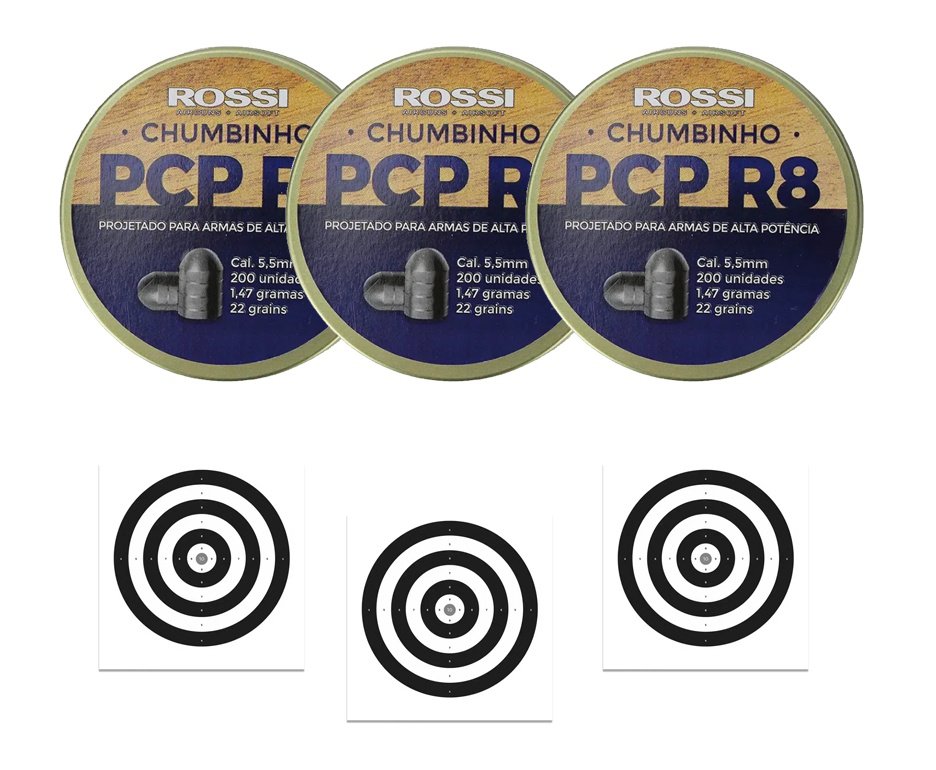 Kit 3 Cx de Chumbinho Rossi Pcp R8 5,5mm Para Destruição E Parada - 200un + 30 Alvos de Papel