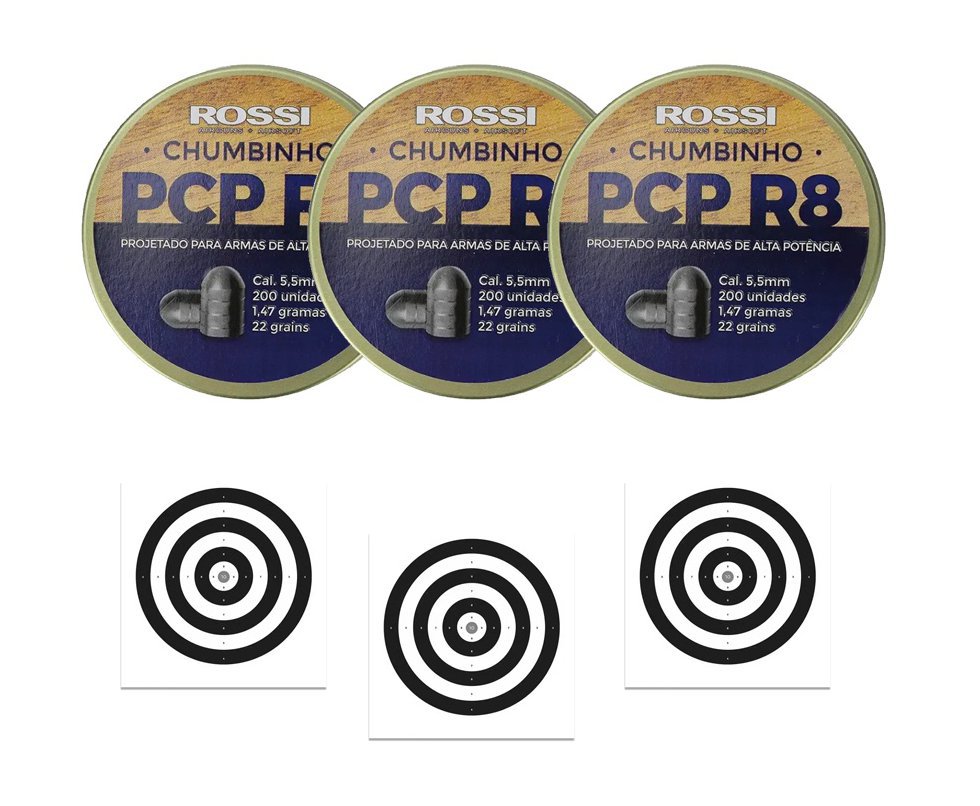 Kit 3 Cx de Chumbinho Rossi Pcp R8 5,5mm Para Destruição E Parada - 200un + 30 Alvos de Papel