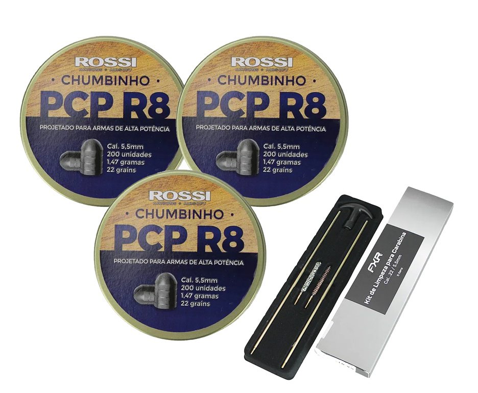 Kit 3 Cx de Chumbinho Rossi Pcp R8 5,5mm Para Destruição E Parada - 200un + Kit Limpeza