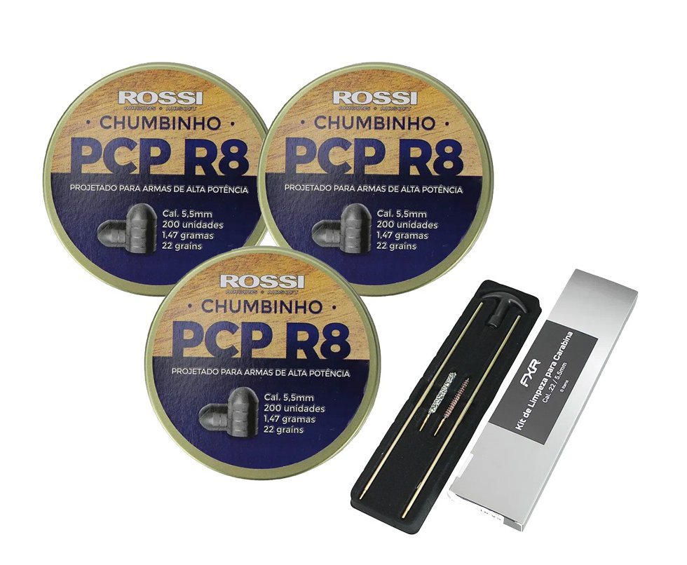 Kit 3 Cx de Chumbinho Rossi Pcp R8 5,5mm Para Destruição E Parada - 200un + Kit Limpeza