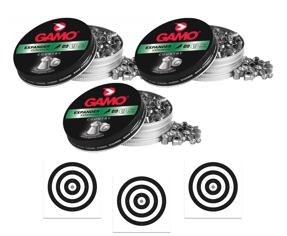 Kit 3 Cx de Chumbinho Expander - Calibre 5,5 Mm - 250 Unidades - Gamo + 30 Alvos de Papel