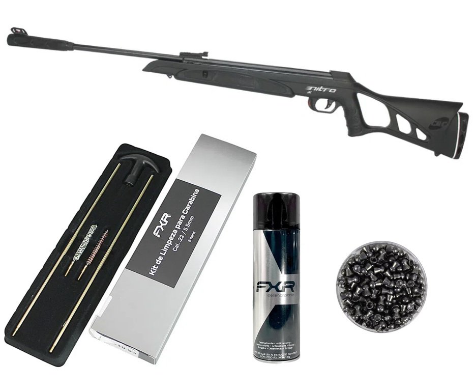 Carabina De Pressão Cbc Nitro-x 1000 - Calibre 5,5 Mm - Oxidada + Chumbos + Kit de Limpeza + Desengripante / Anticorrosivo