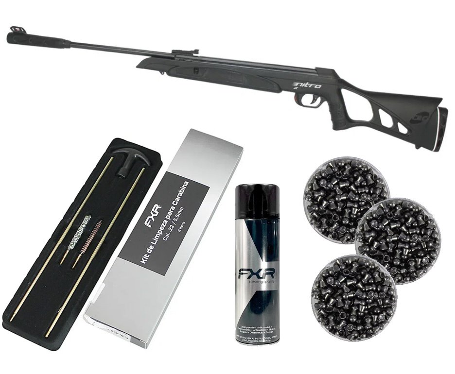 Carabina De Pressão Cbc Nitro-x 1000 - Calibre 5,5 Mm - Oxidada + Chumbos + Kit de Limpeza FXR + Desengripante / Anticorrosivo