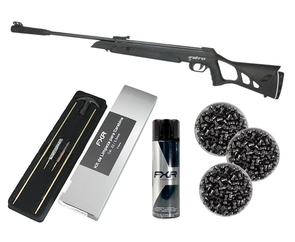 Carabina De Pressão Cbc Nitro-x 1000 - Calibre 5,5 Mm - Oxidada + Chumbos + Kit de Limpeza FXR + Desengripante / Anticorrosivo