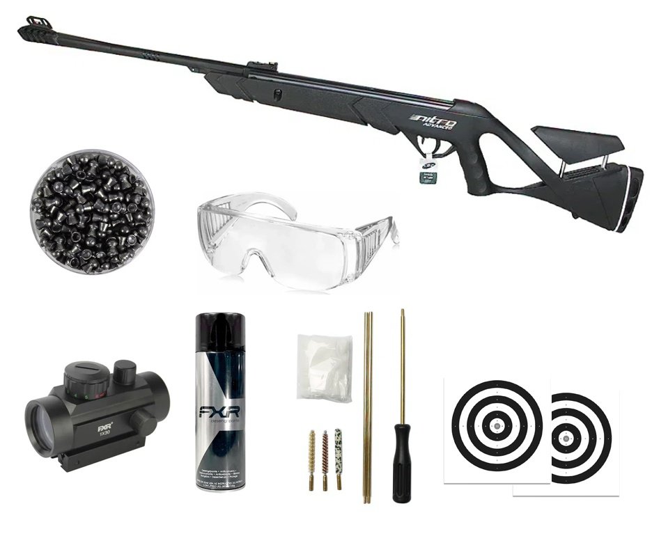 Carabina de Pressão CBC Nitro Advanced 6,35mm + Red Dot 1x30 + Kit Limpeza + Chumbos + Alvos + Óculos + Desengripante / Anticorrosivo