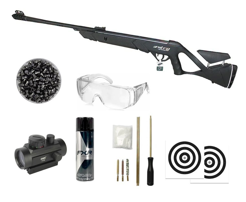 Carabina de Pressão CBC Nitro Advanced 6,35mm + Red Dot 1x30 + Kit Limpeza + Chumbos + Alvos + Óculos + Desengripante / Anticorrosivo