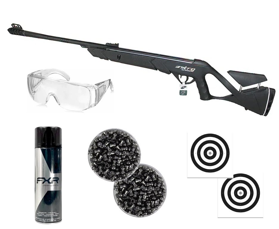 Carabina de Pressão CBC Nitro Advanced 6,35mm + Chumbos + Alvos + Óculos + Desengripante / Anticorrosivo