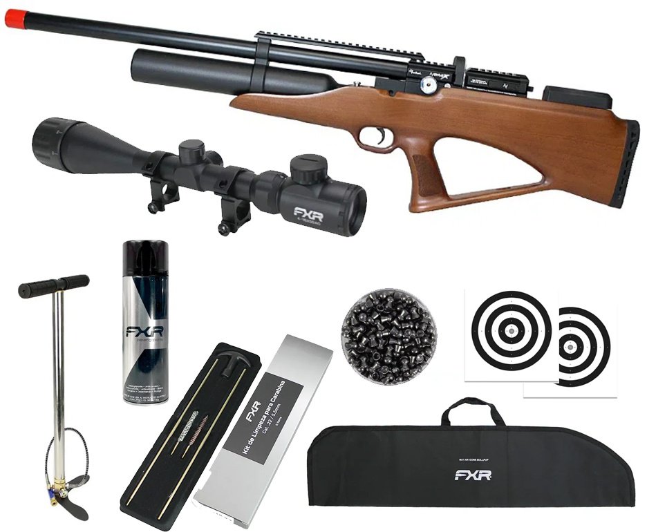 Carabina PCP Nova Vista Avenge-X X1 BBW Bullpup 5,5mm Wood + Bomba + Capa + Chumbo + Luneta 4-16x50 + Alvos + Kit de Limpeza + Desengripante / Anticorrosivo
