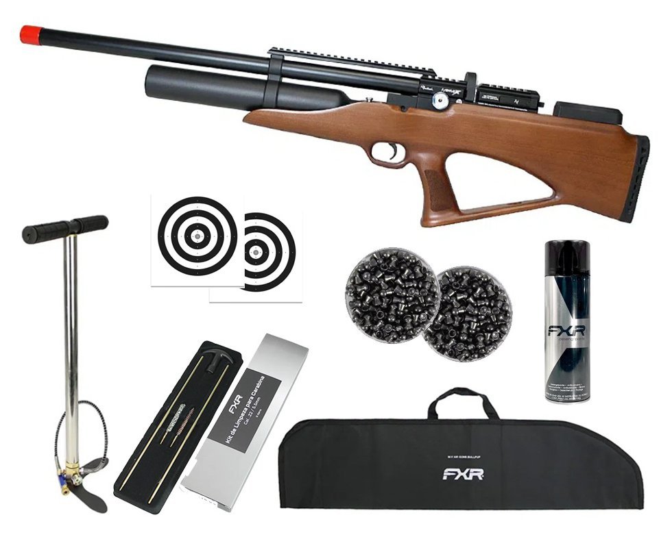 Carabina PCP Nova Vista Avenge-X X1 BBW Bullpup 5,5mm Wood + Bomba + Capa + Chumbo + Alvos + Kit de Limpeza + Desengripante / Anticorrosivo
