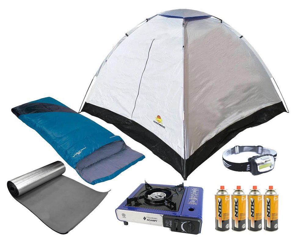 Barraca Atena 4 Pessoas - Guepardo + Saco de Dormir + Isolante Térmico + Lanterna de Cabeça + Fogareiro + Refil Gás