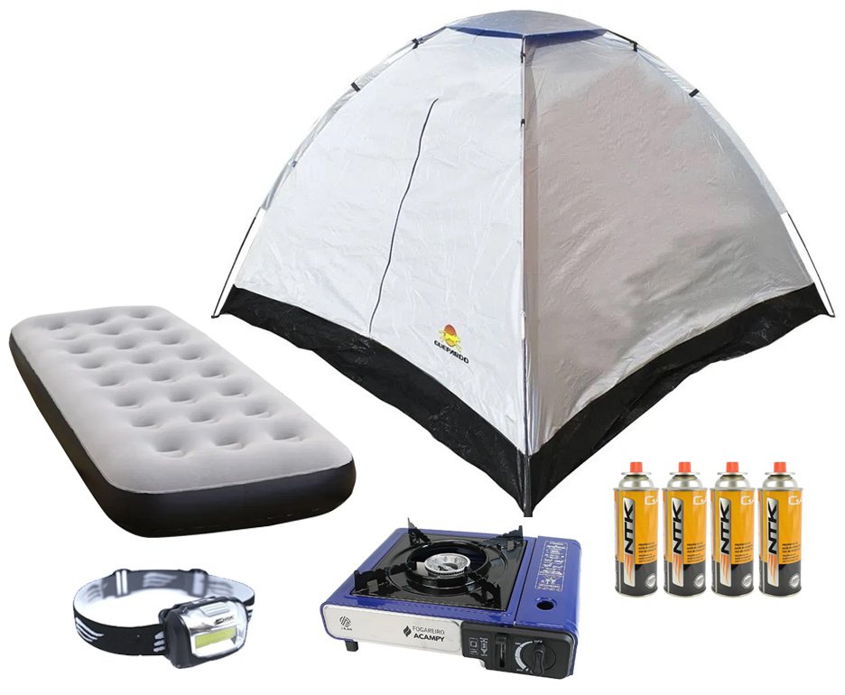 Barraca Atena 4 Pessoas - Guepardo + Saco de Dormir + Colchão Inflável Solteiro + Lanterna de Cabeça + Fogareiro + Refil Gás