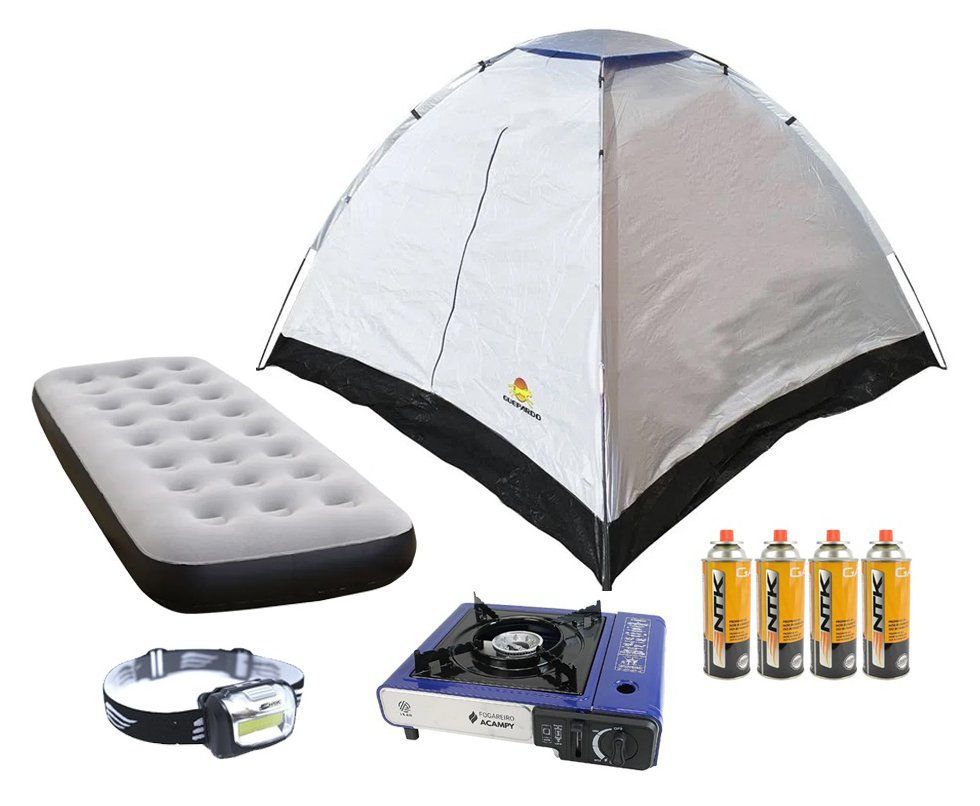 Barraca Atena 4 Pessoas - Guepardo + Saco de Dormir + Colchão Inflável Solteiro + Lanterna de Cabeça + Fogareiro + Refil Gás