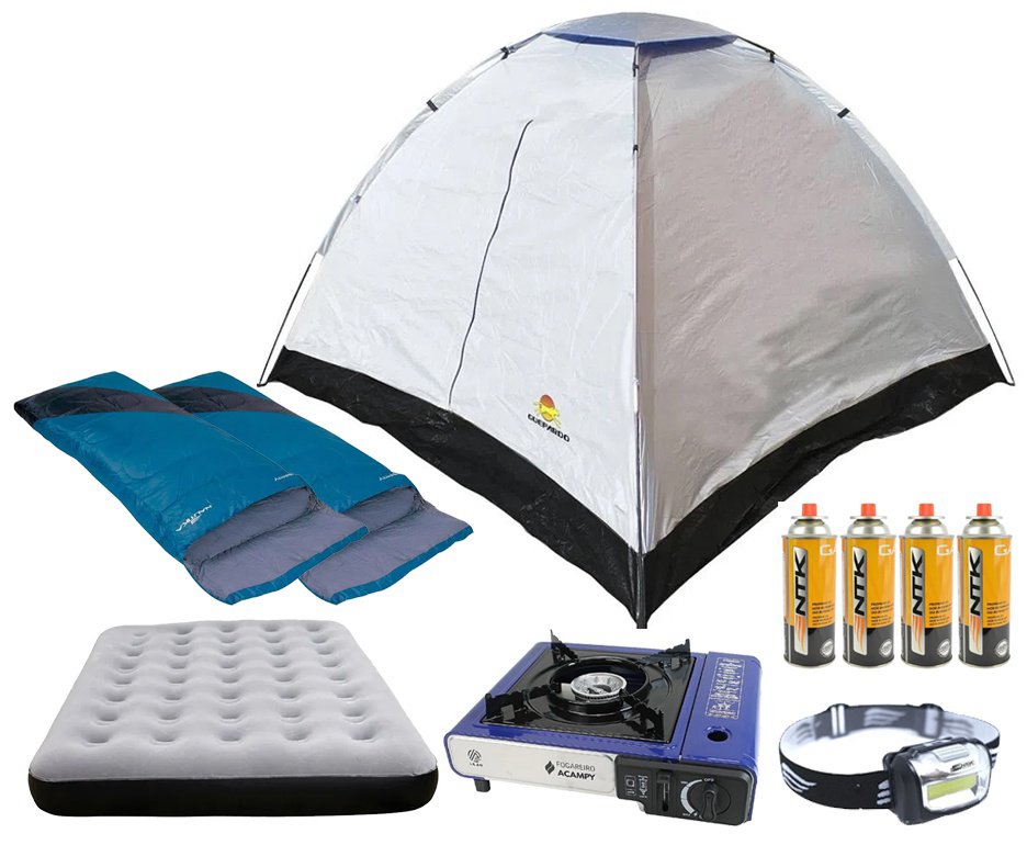 Barraca Atena 4 Pessoas - Guepardo + 2 Sacos de Dormir + Colchão Inflável Casal + Lanterna de Cabeça + Fogareiro + Refil Gás