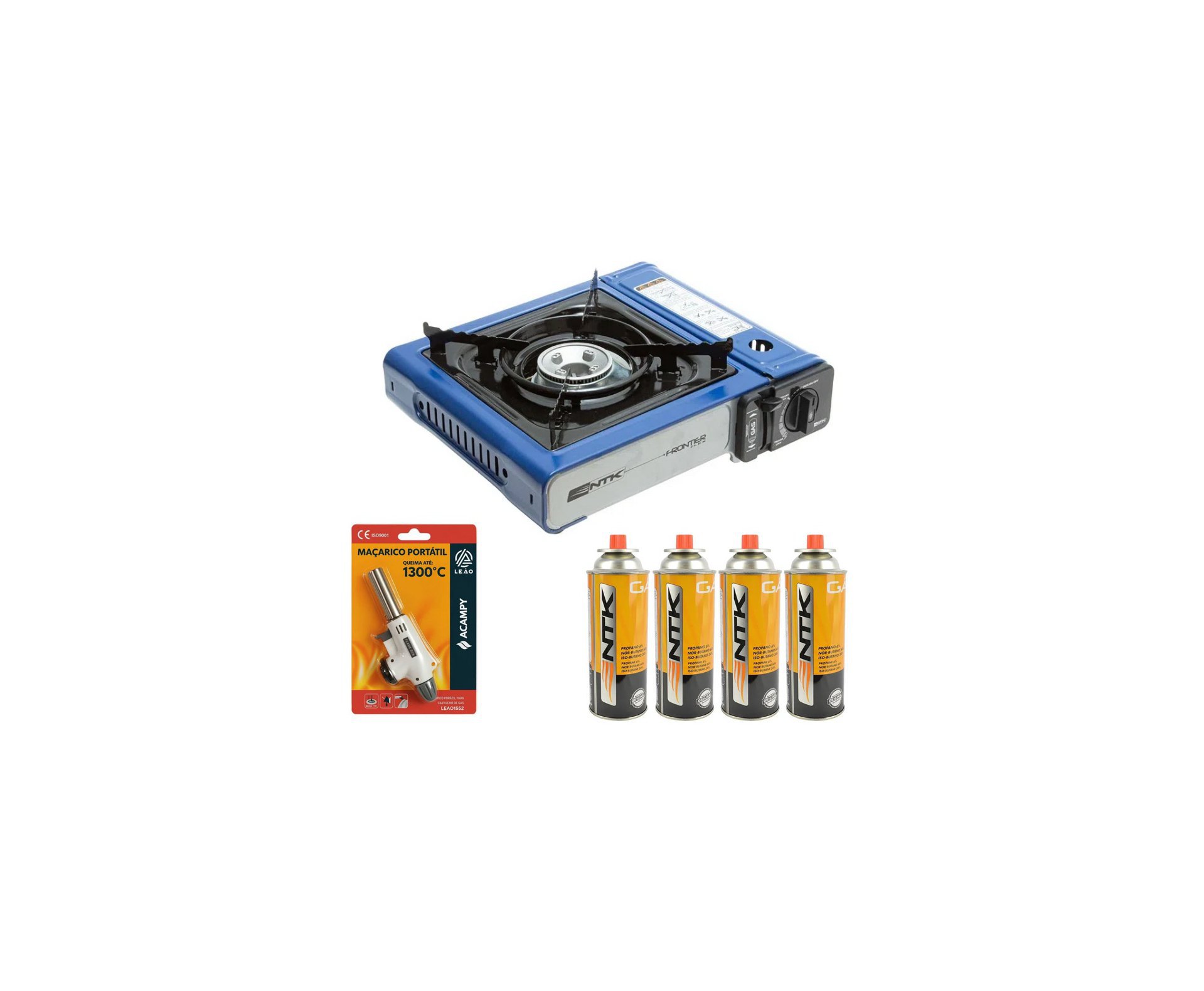 Fogareiro Frontier Portatil Para Cozinha E Camping Azul - Nautika + Refil Gás + Maçarico Portátil