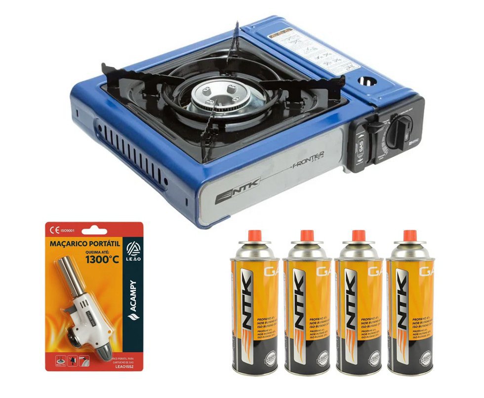 Fogareiro Frontier Portatil Para Cozinha E Camping Azul - Nautika + Refil Gás + Maçarico Portátil