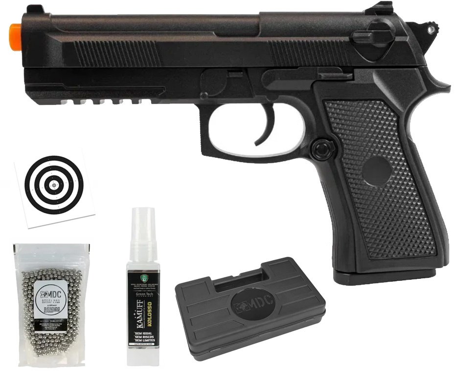 Pistola de Airsoft VG PT92 V21 Mola 6mm - Rossi + BBS + Alvos + Case + Kamuff