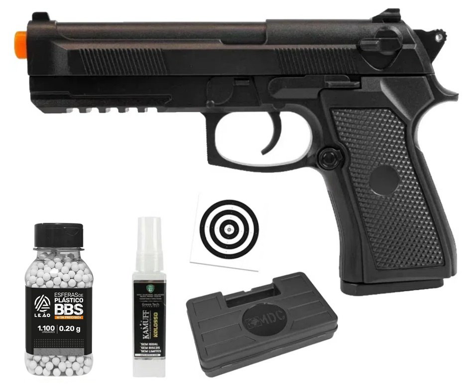 Pistola de Airsoft VG PT92 V21 Mola 6mm - Rossi + BBS + Alvos + Case + Kamuff