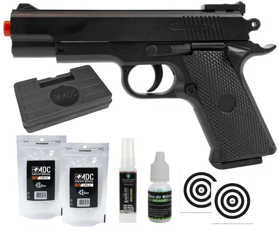 Pistola de Airsoft VG 1911 Short V92 Mola 6mm - Rossi + BBS + Case + Óleo + Alvos + Kamuff