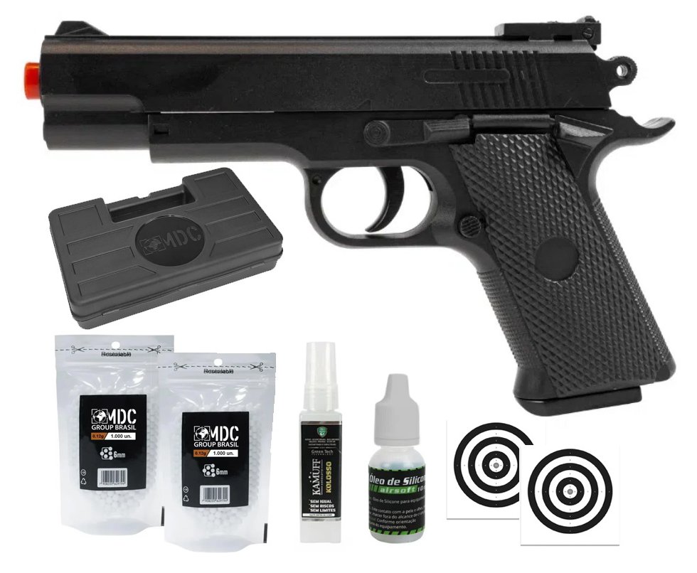 Pistola de Airsoft VG 1911 Short V92 Mola 6mm - Rossi + BBS + Case + Óleo + Alvos + Kamuff