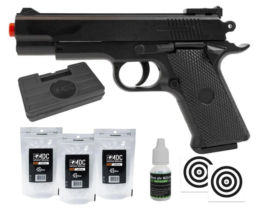 Pistola de Airsoft VG 1911 Short V92 Mola 6mm - Rossi + BBS + Case + Óleo + Alvos