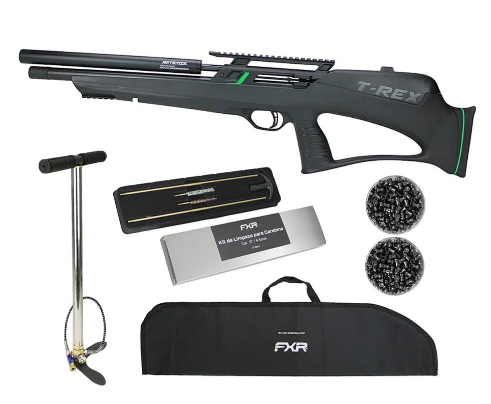 Carabina de Pressão PCP Artemis T-REX Bullpup 4,5mm com Válvula Reguladora - Fixxar + Bomba + Capa + Chumbo + Kit de Limpeza