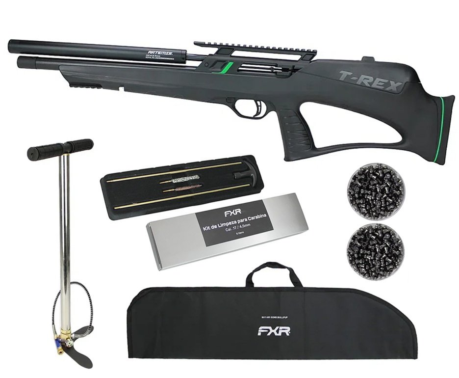 Carabina de Pressão PCP Artemis T-REX Bullpup 5,5mm com Válvula Reguladora - Fixxar + Bomba + Capa + Chumbo + Kit de Limpeza