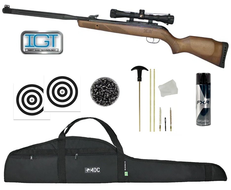 Carabina de Pressão Gamo Hunter Maxxim IGT 5,5mm Madeira Com Luneta 4x32 WR + Capa + Chumbo + Alvos + Kit de Limpeza + Desengripante / Anticorrosivo