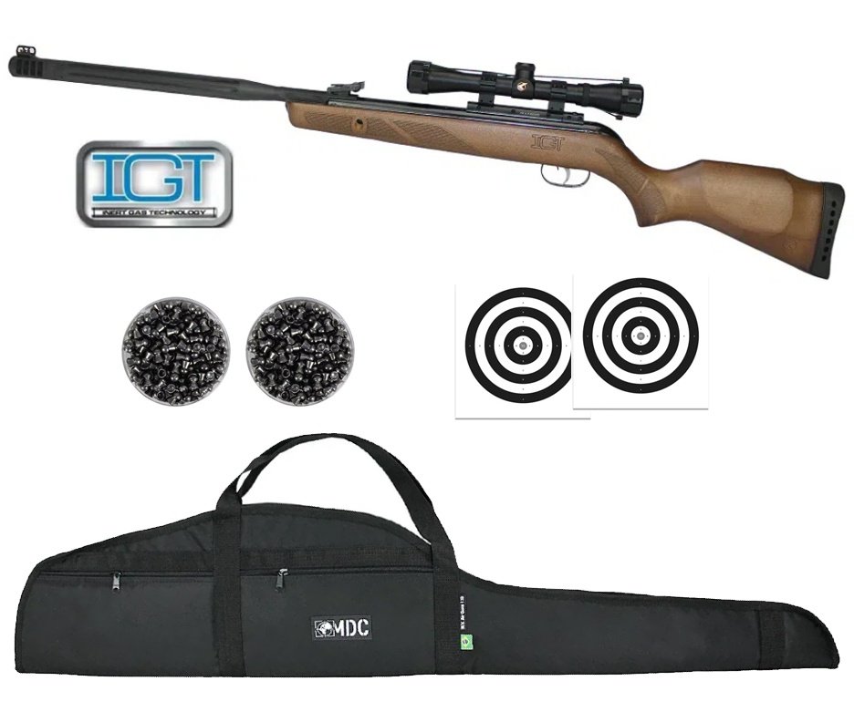Carabina de Pressão Gamo Hunter Maxxim IGT 5,5mm Madeira Com Luneta 4x32 WR + Capa + Chumbo + Alvos