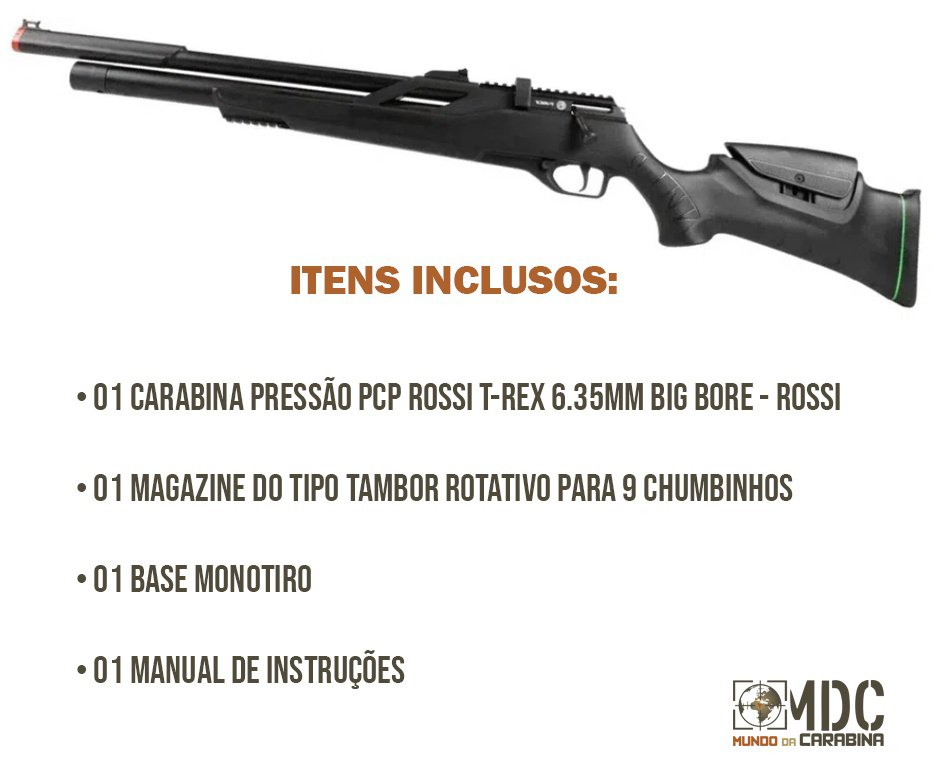 Carabina Pressão PCP Rossi T-REX 6.35mm Big Bore - Rossi + Case FXR