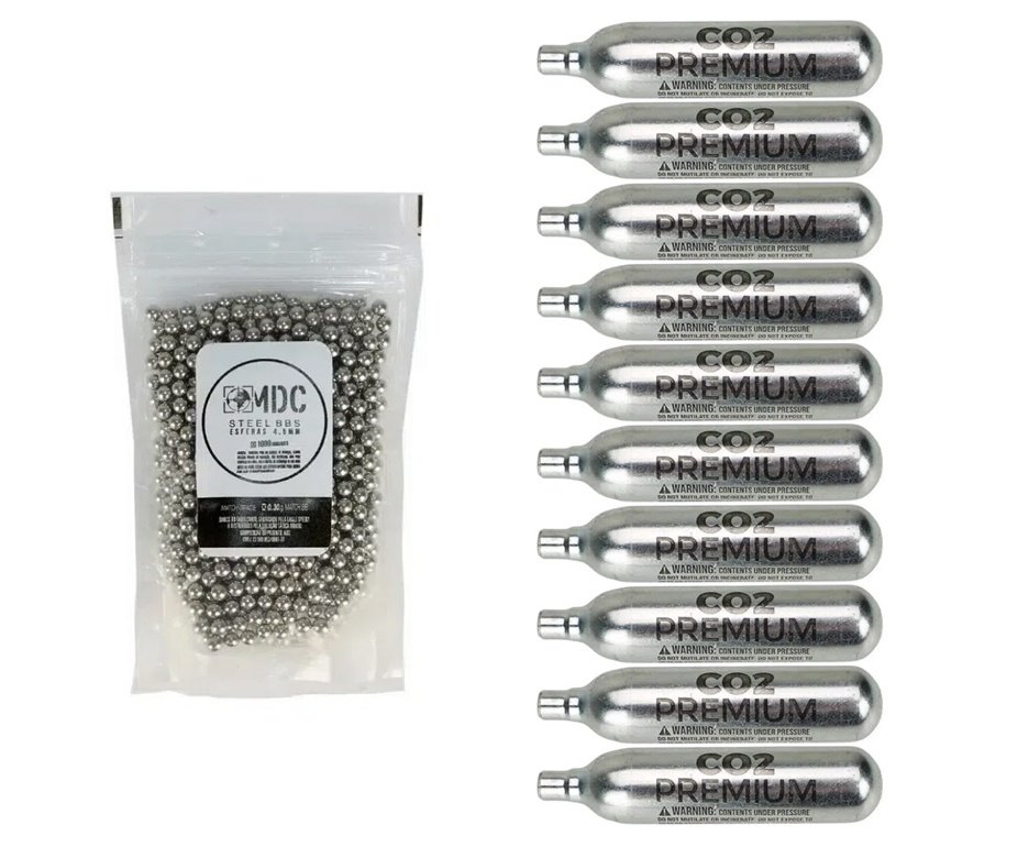 Kit 10 Unds de Cilindro Co2 12g Airsoft Airguns Puff Dino/Banza + 1.000 Esferas de Aço 4,5