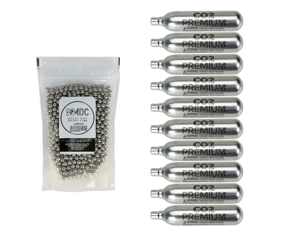 Kit 10 Unds de Cilindro Co2 12g Airsoft Airguns Puff Dino/Banza + 1.000 Esferas de Aço 4,5