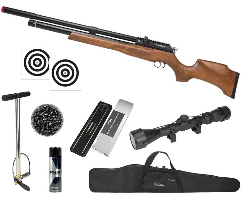 Carabina de Pressão PCP Kodiak VR Madeira 6,35mm - Rossi + Bomba + Capa + Luneta 3-9x40 + Chumbo + Alvos + Kit Limpeza + Desengripante / Anticorrosivo