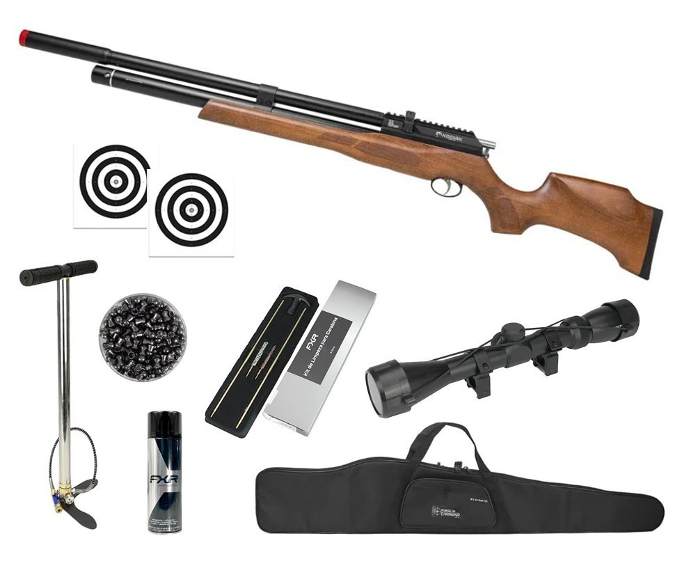Carabina de Pressão PCP Kodiak VR Madeira 6,35mm - Rossi + Bomba + Capa + Luneta 3-9x40 + Chumbo + Alvos + Kit Limpeza + Desengripante / Anticorrosivo